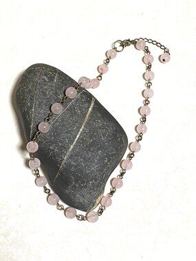 Genuine Pink Rose Quartz Short Necklace, Natural Gemstone & Bronze Links